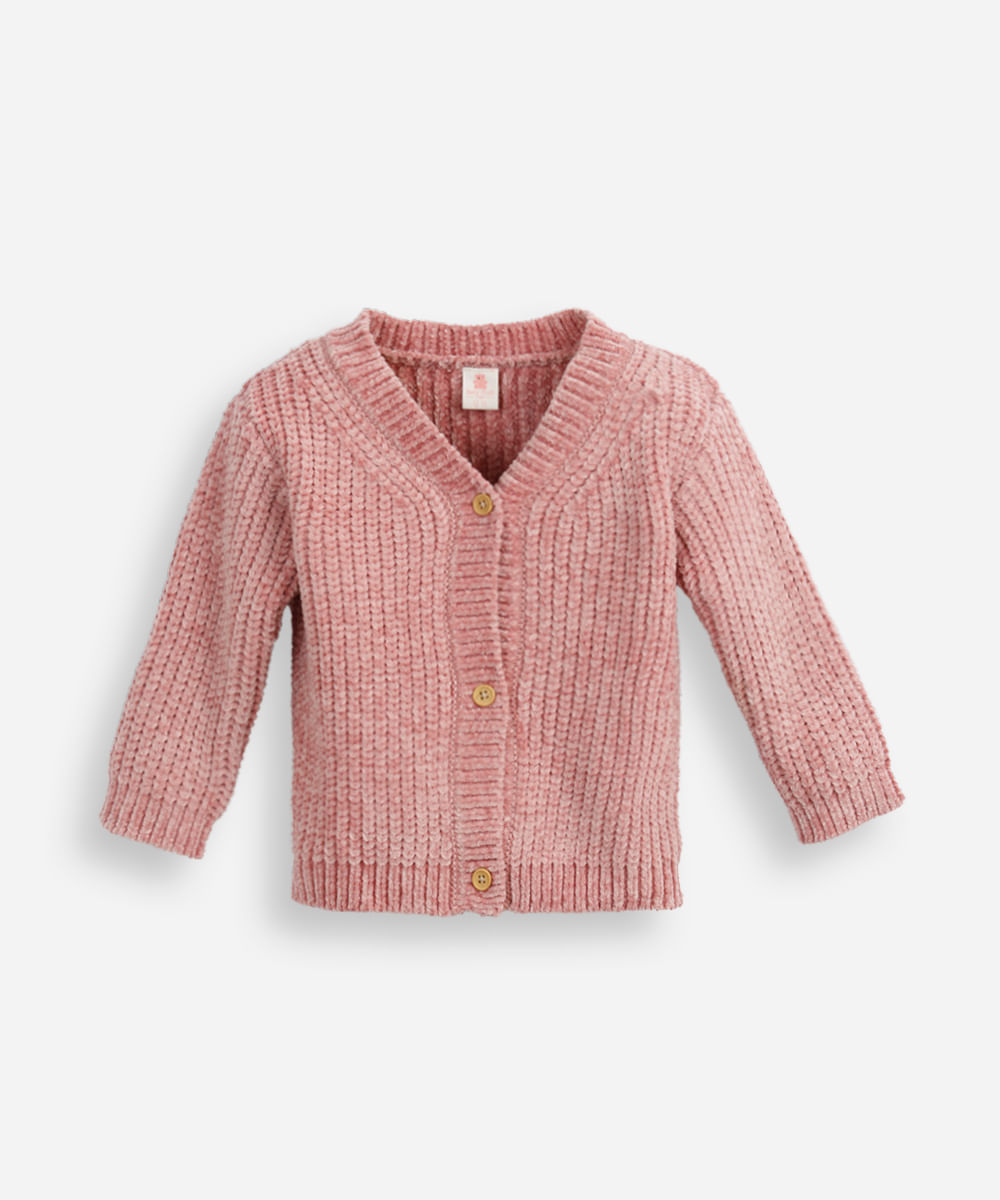 cardigan infantil de tricot chenille decote v rosa