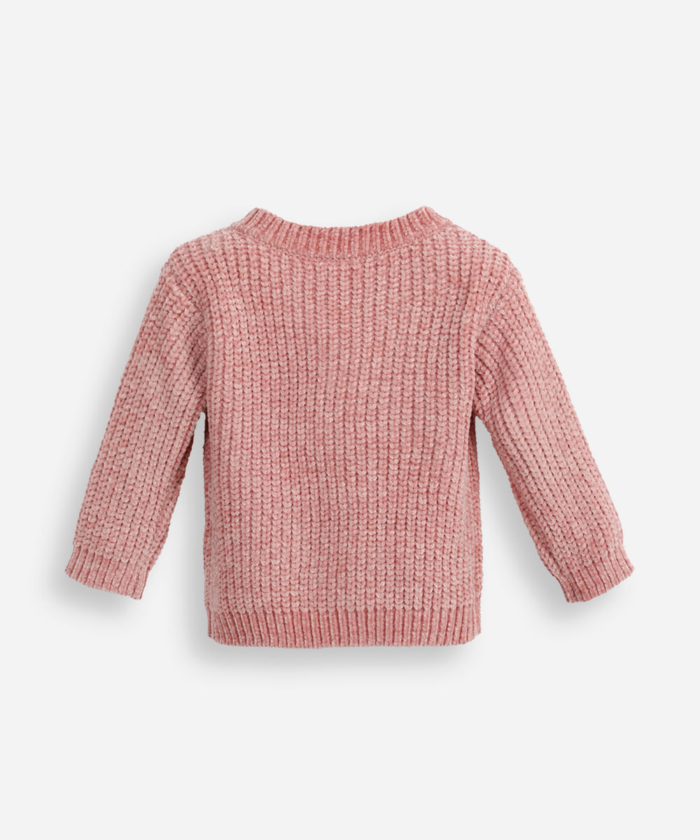 cardigan infantil de tricot chenille decote v rosa
