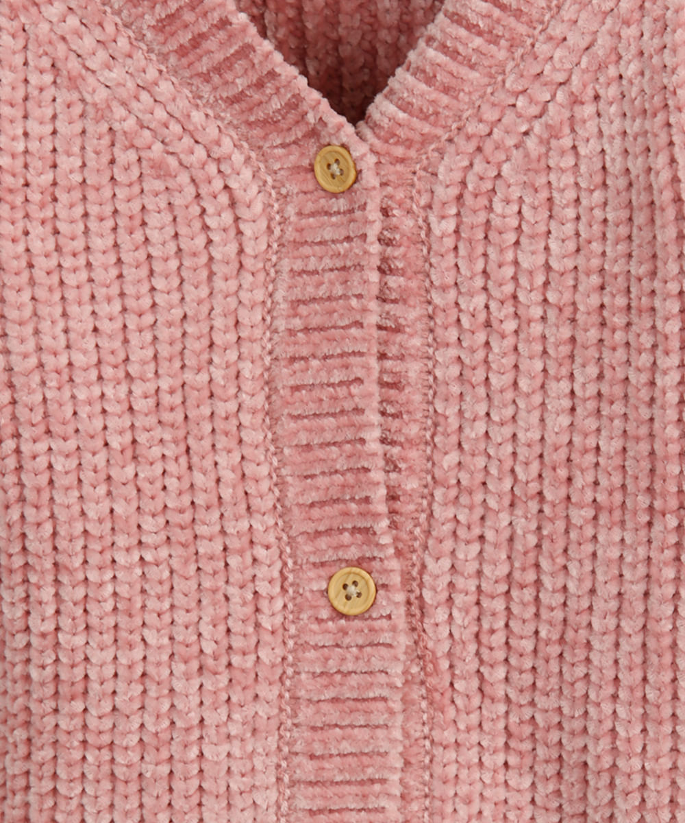 cardigan infantil de tricot chenille decote v rosa