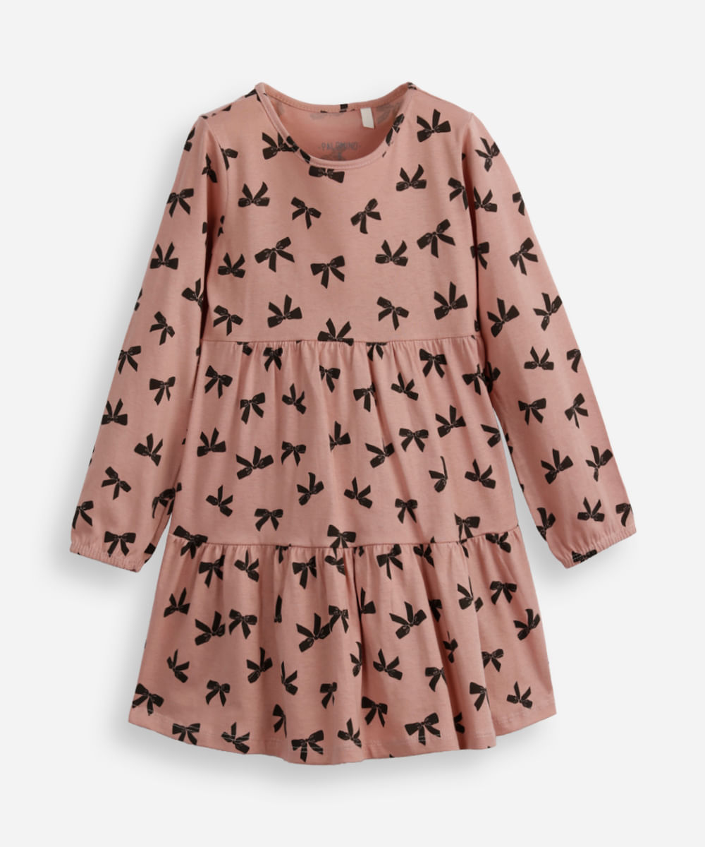 vestido infantil manga longa lacinho rosa