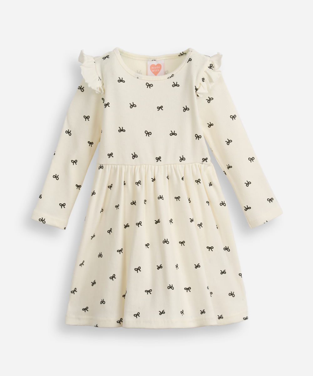 vestido infantil manga longa lacinho off white