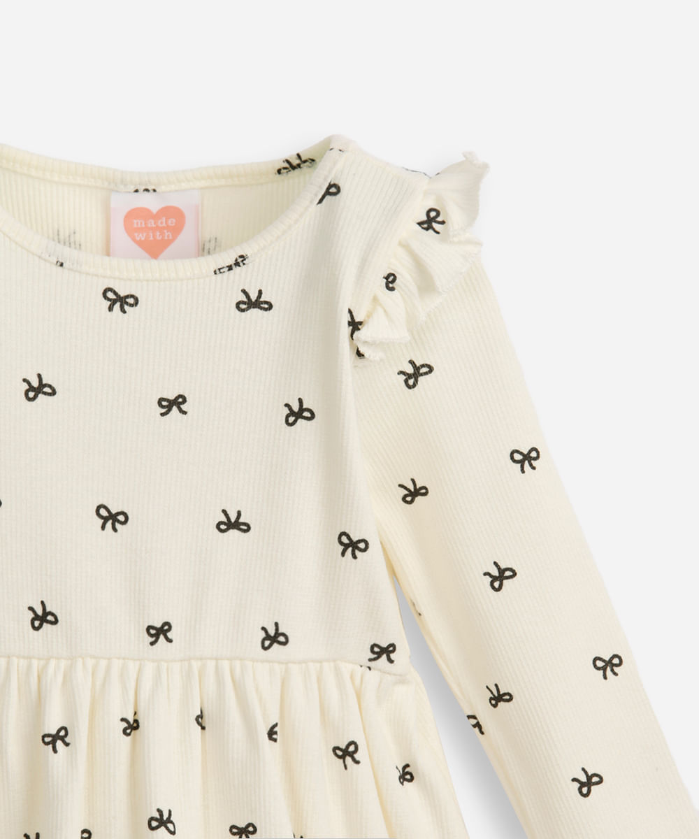 vestido infantil manga longa lacinho off white