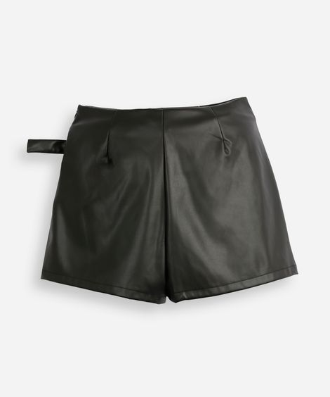 short saia juvenil de poliuretano com transpasse e fivela preto