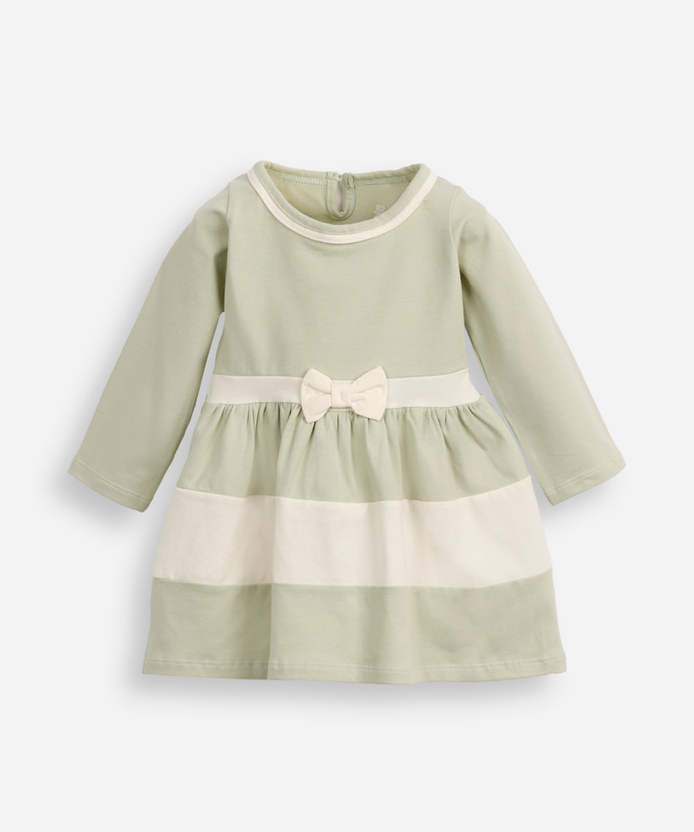 vestido curto infantil com recortes manga longa verde