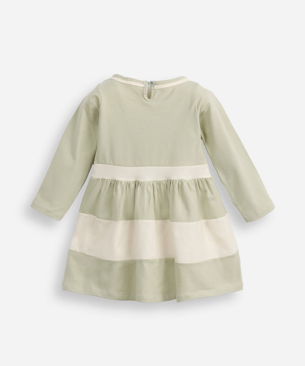 vestido curto infantil com recortes manga longa verde