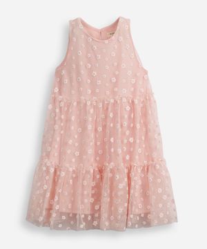 vestido de tule infantil floral com brilho rosa