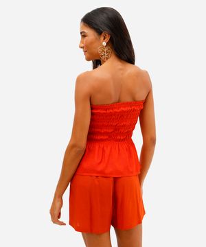 blusa sem alça feminina com linho franzida laranja