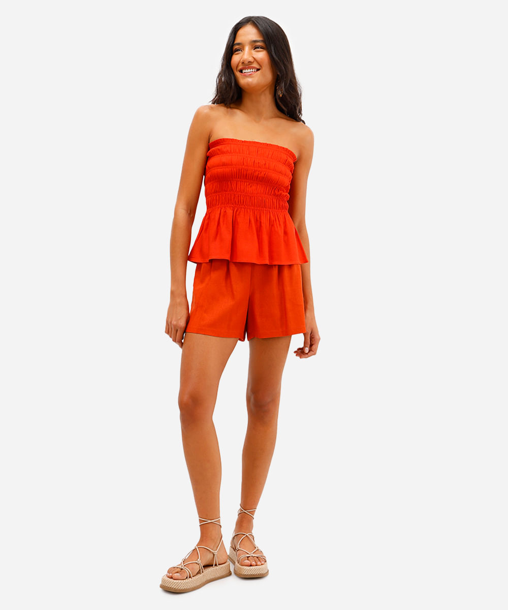 blusa sem alça feminina com linho franzida laranja