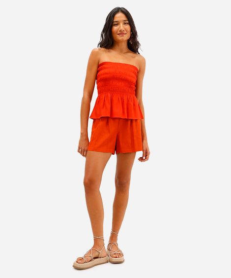 short feminino de alfaiataria com linho cós elástico laranja