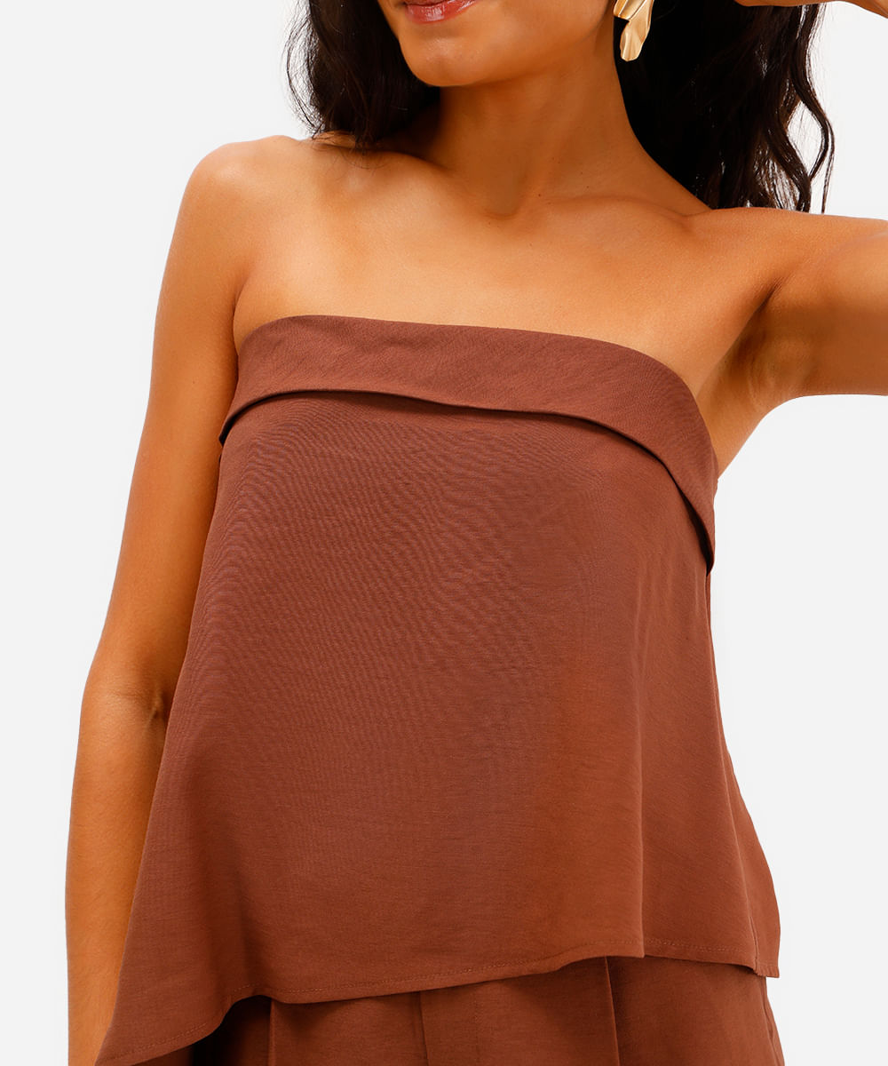 blusa sem alça feminina texturizada assimétrica marrom