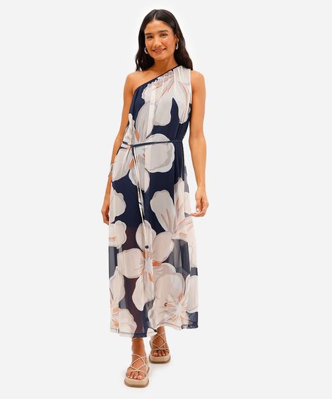 vestido midi ombro único de tule floral azul