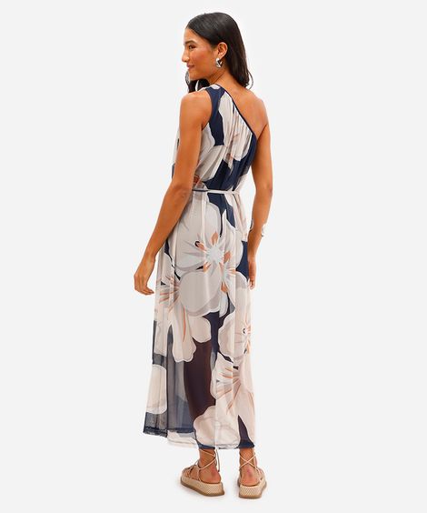 vestido midi ombro único de tule floral azul