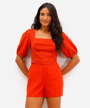 cropped feminino com linho manga bufante laranja