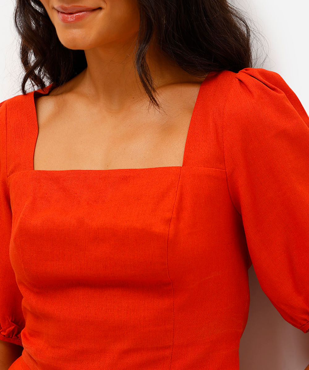 cropped feminino com linho manga bufante laranja