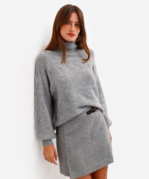 suéter feminino de tricot gola alta manga bufante texturizado cinza