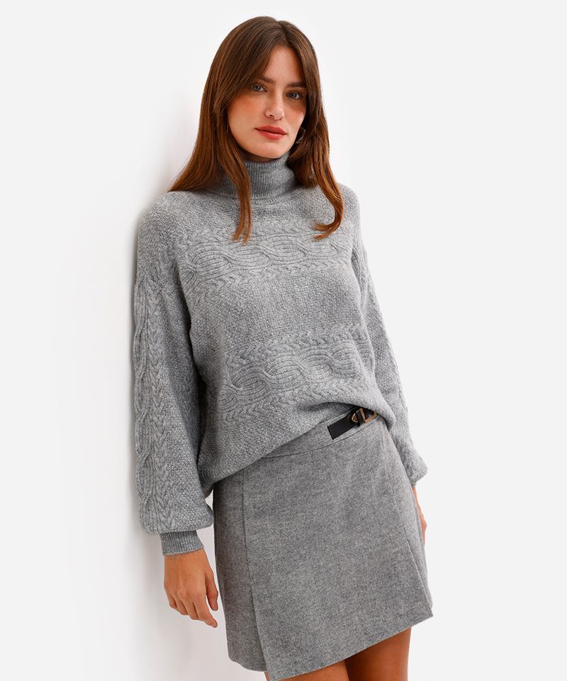 suéter feminino de tricot gola alta manga bufante texturizado cinza