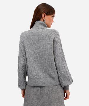 suéter feminino de tricot gola alta manga bufante texturizado cinza