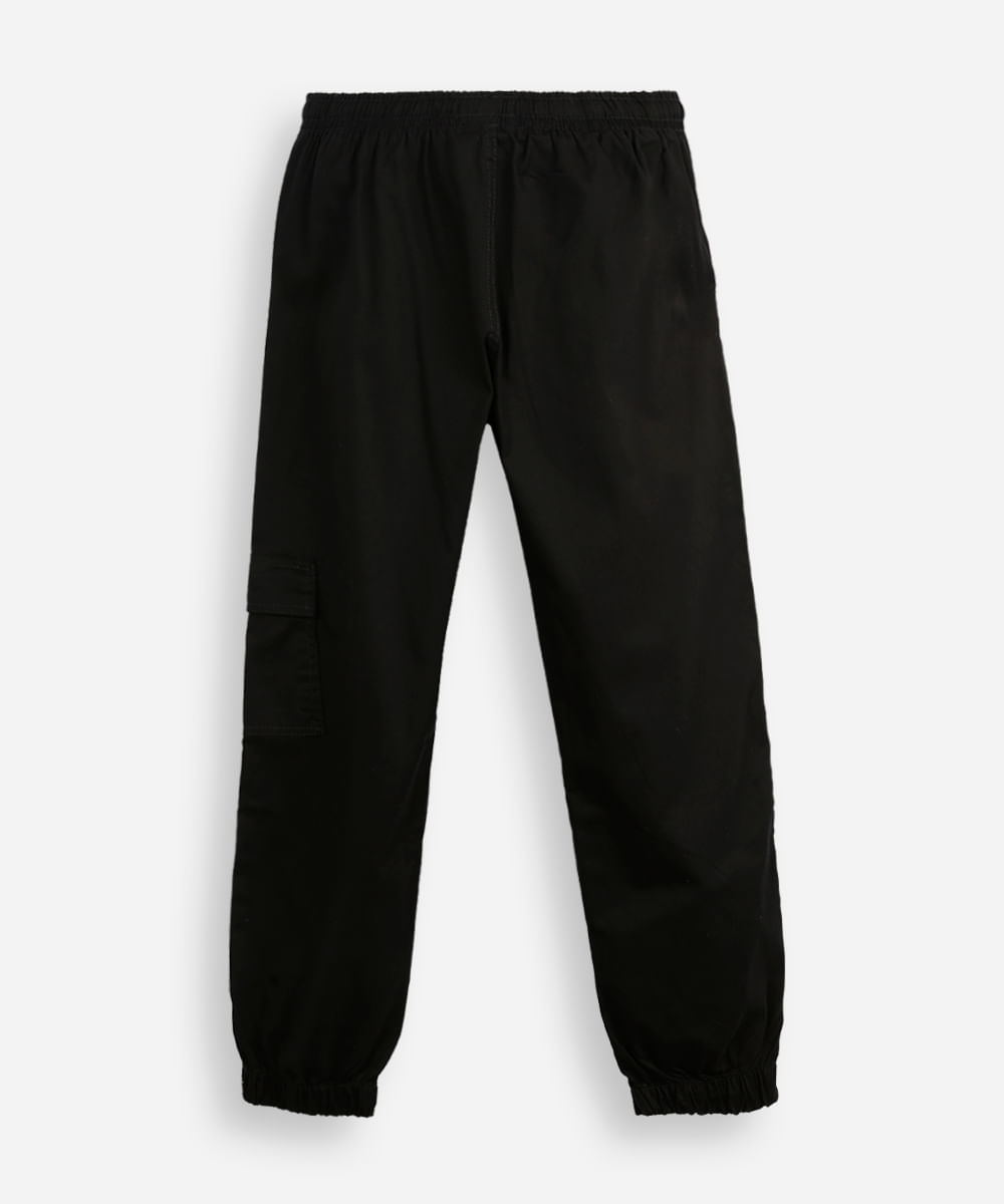 calça jogger juvenil de sarja com bolso cargo preta