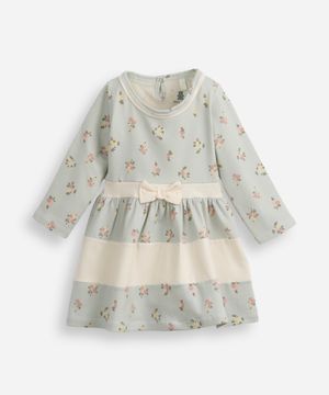 vestido infantil de algodão manga longa floral azul
