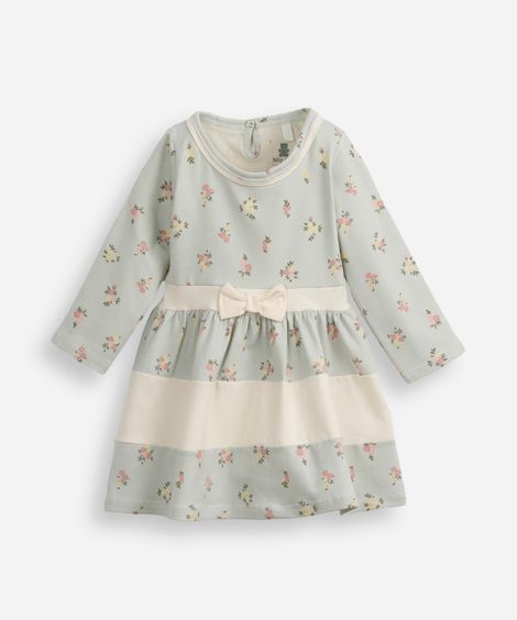 vestido infantil de algodão manga longa floral azul