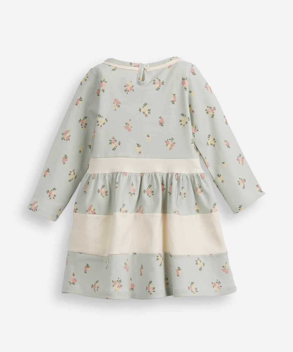 vestido infantil de algodão manga longa floral azul