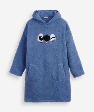 pijama blusão de pelúcia juvenil com capuz stitch azul