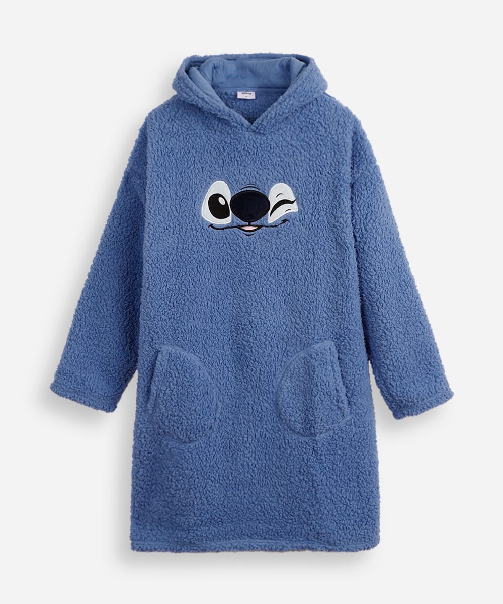 pijama blusão de pelúcia juvenil com capuz stitch azul