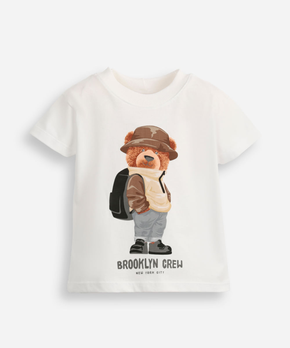camiseta de algodão infantil manga curta ursinho off white