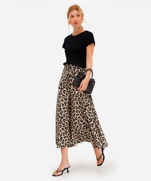 saia midi feminina de algodão animal print bege