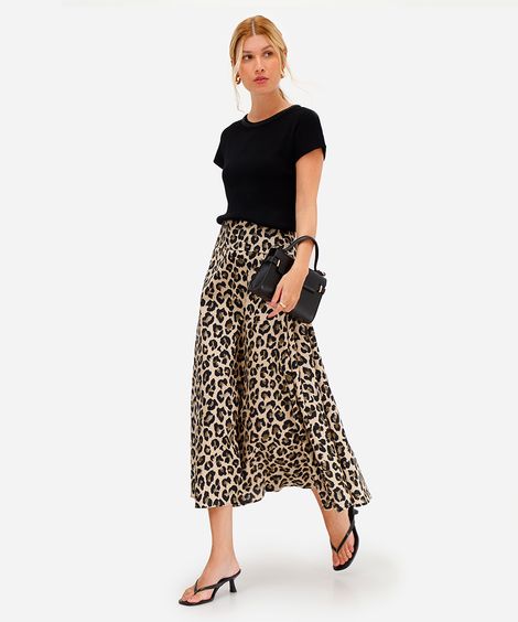 saia midi feminina de algodão animal print bege