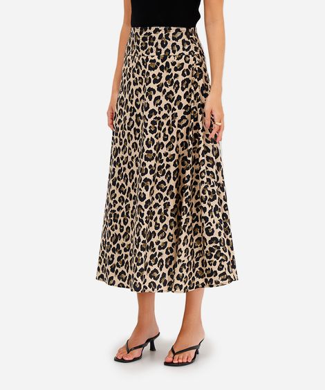 saia midi feminina de algodão animal print bege