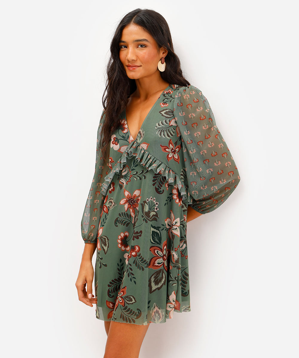 vestido curto feminino de tule com babados floral verde