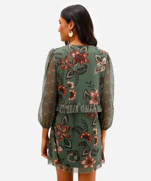 vestido curto feminino de tule com babados floral verde