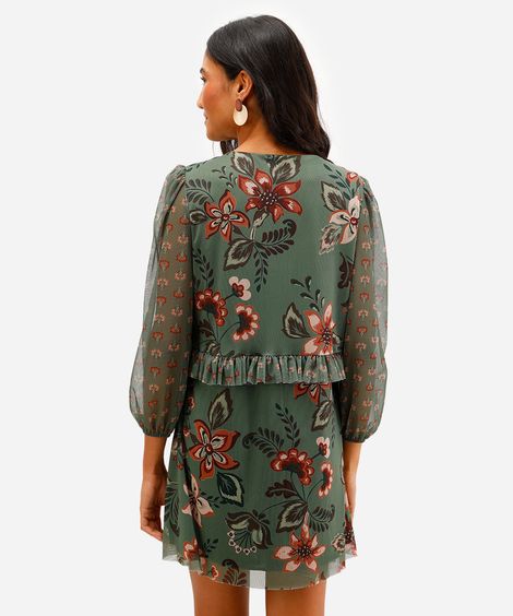 vestido curto feminino de tule com babados floral verde