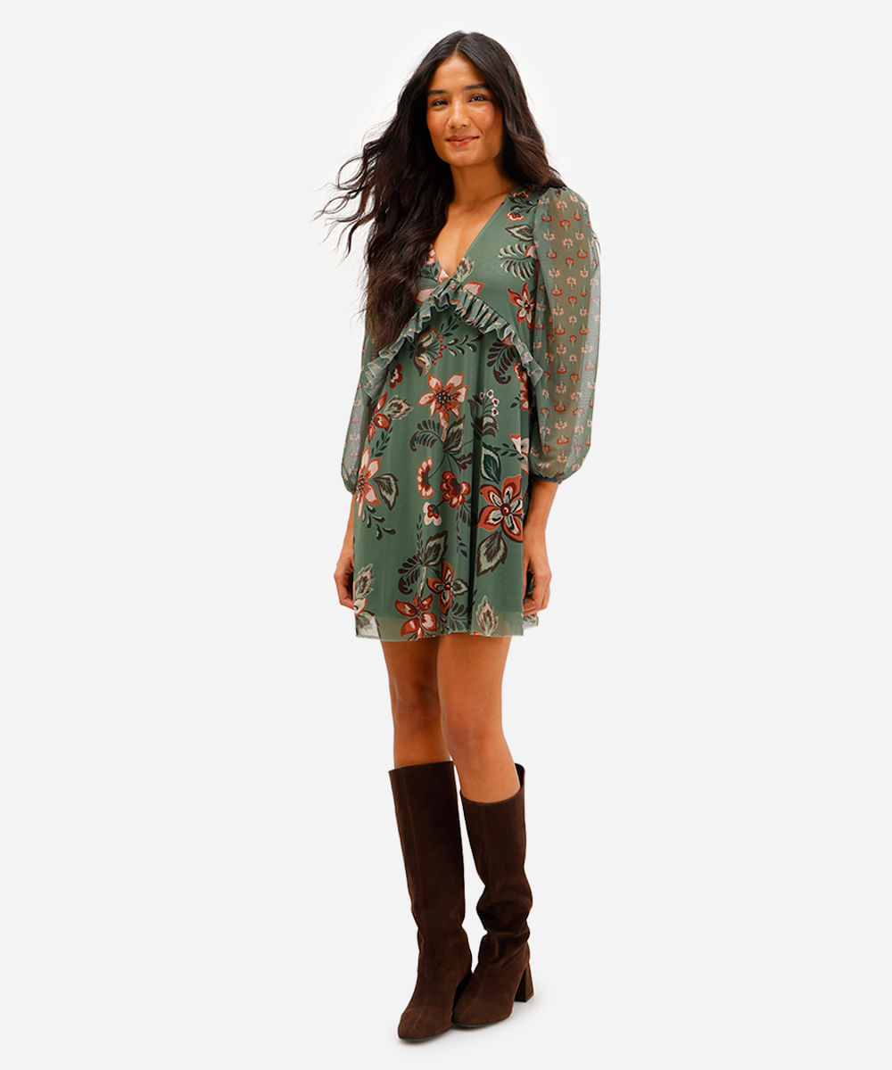 vestido curto feminino de tule com babados floral verde