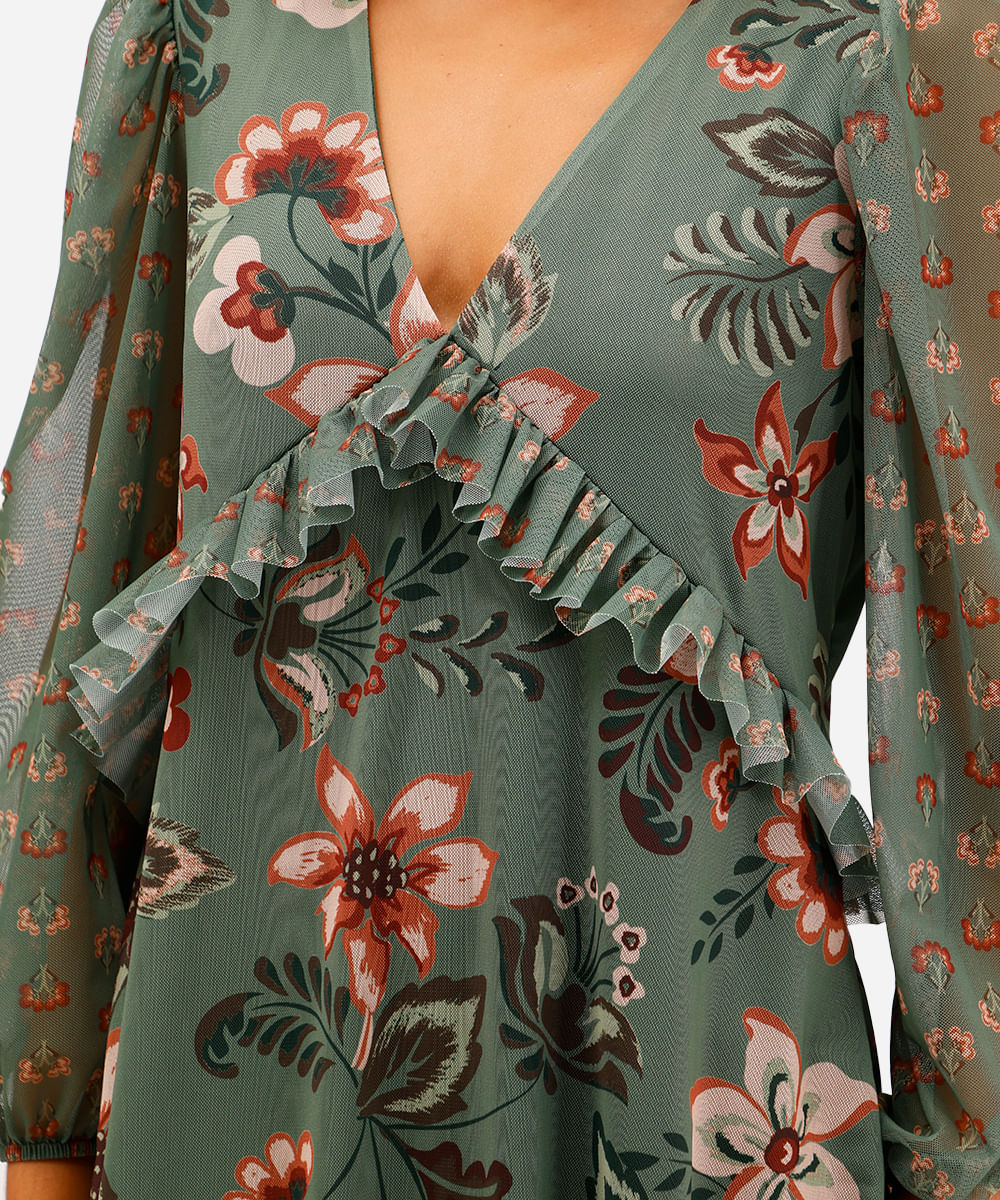 vestido curto feminino de tule com babados floral verde