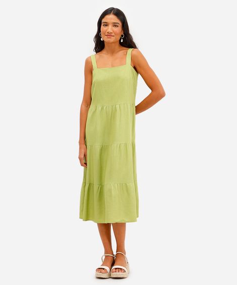vestido midi feminino com linho e recortes verde