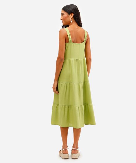 vestido midi feminino com linho e recortes verde
