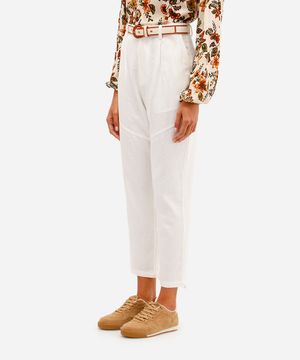calça feminina de alfaiataria com linho e cinto off white