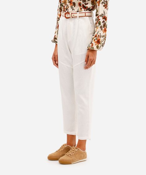 calça feminina de alfaiataria com linho e cinto off white