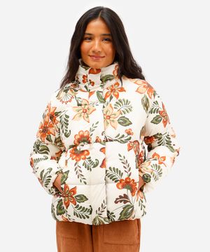 jaqueta puffer feminina floral bege