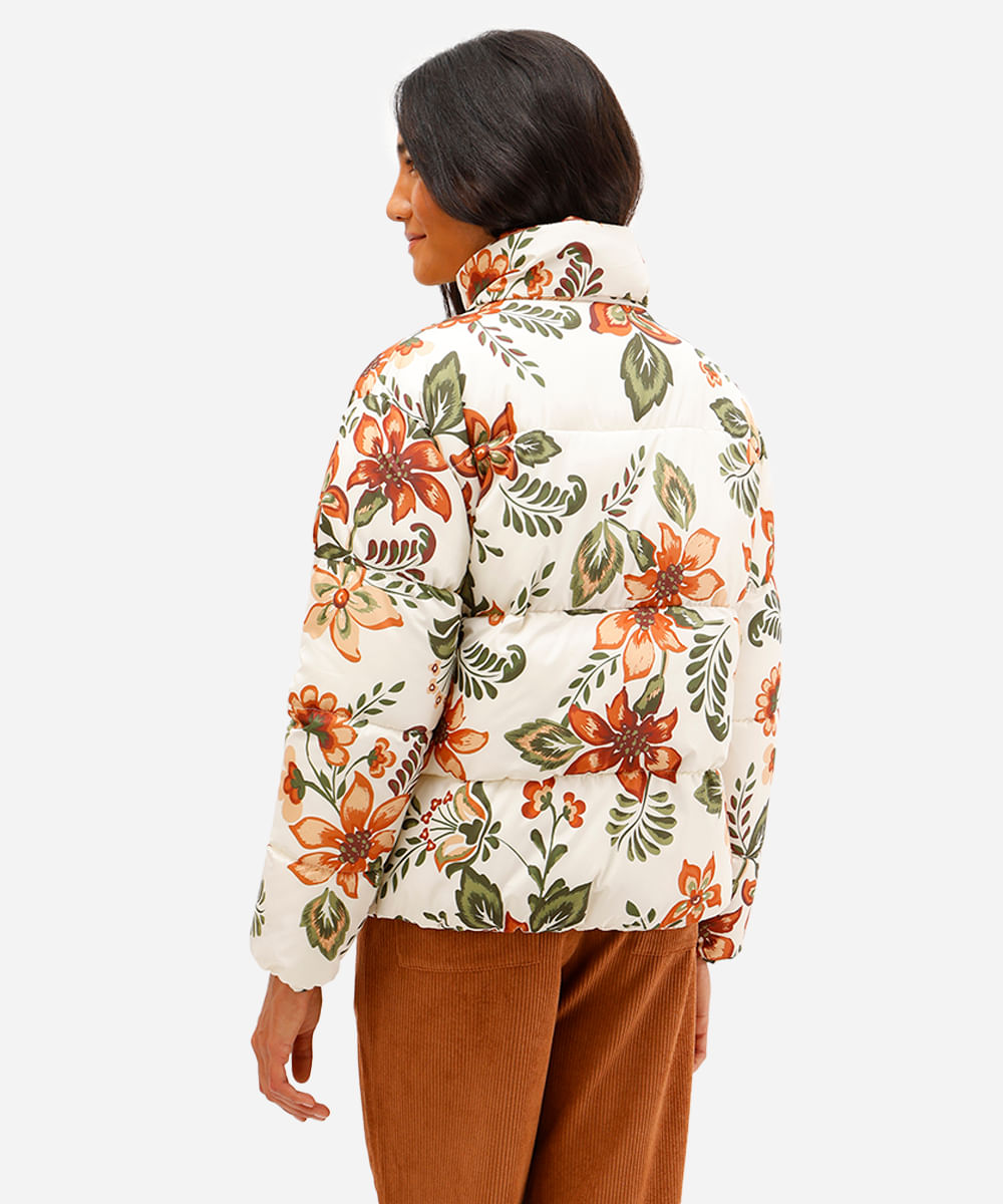 jaqueta puffer feminina floral bege
