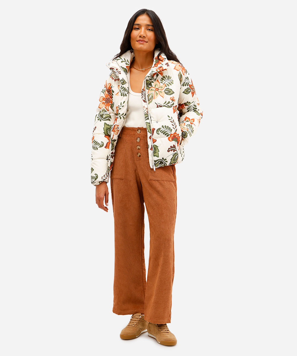 jaqueta puffer feminina floral bege