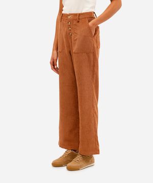calça reta feminina de veludo cotelê cintura alta marrom