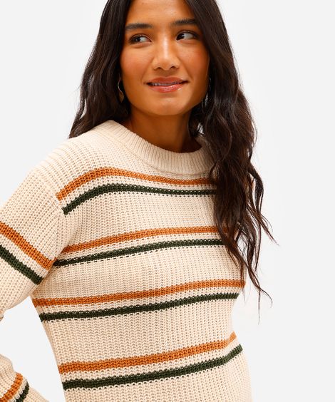 suéter feminino de tricot listrado bege