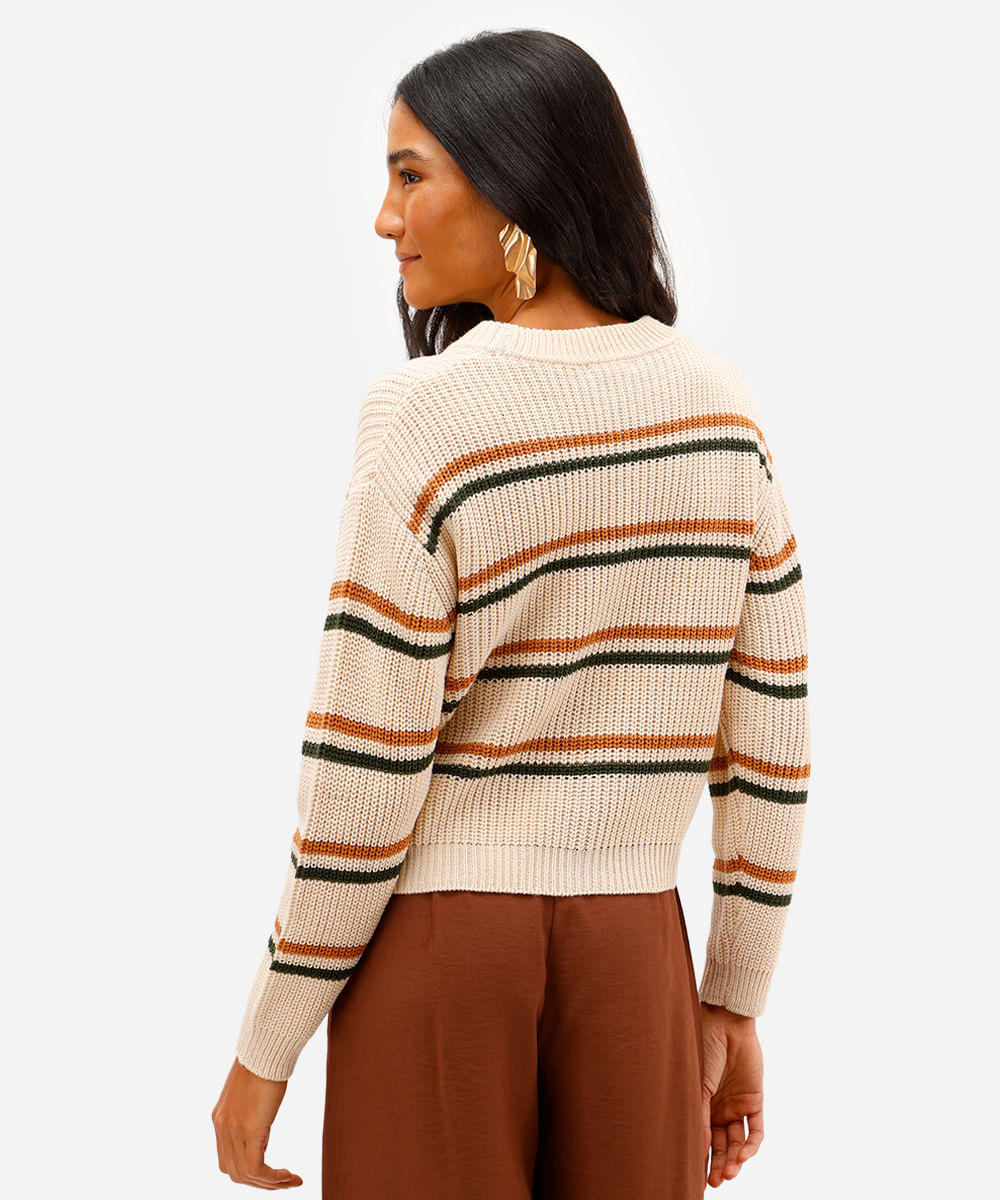 suéter feminino de tricot listrado bege