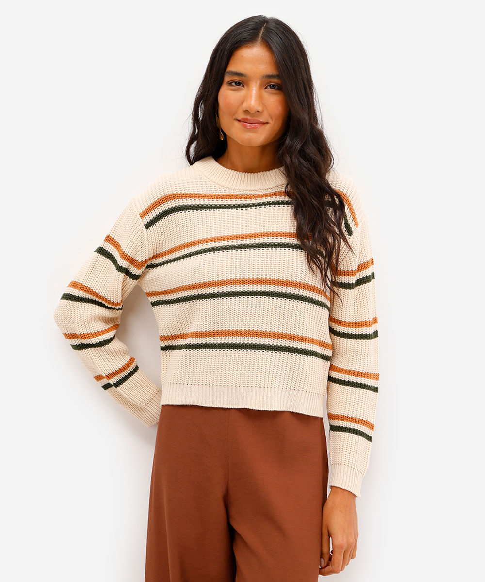 suéter feminino de tricot listrado bege