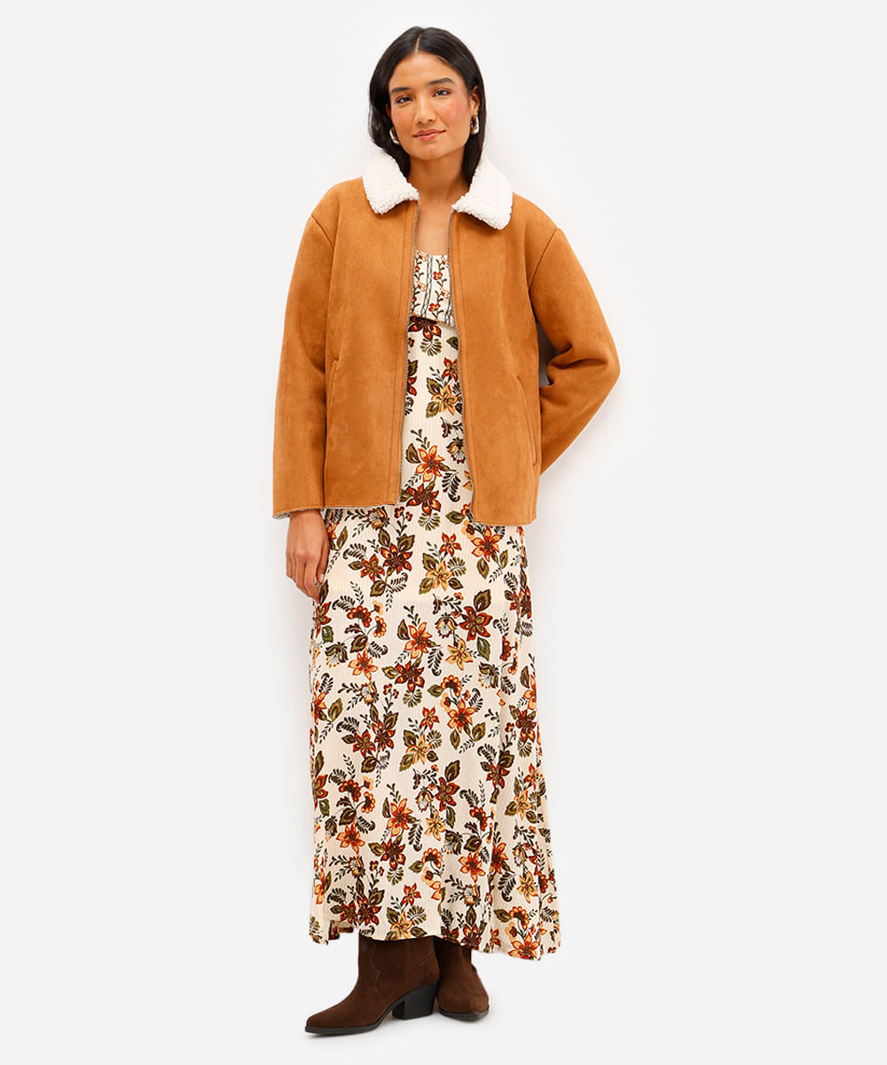 jaqueta feminina de suede gola sherpa marrom
