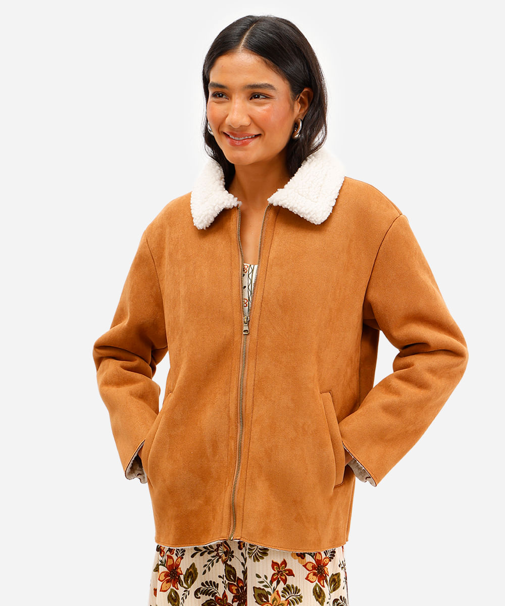 jaqueta feminina de suede gola sherpa marrom
