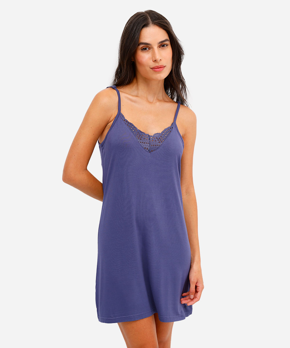 camisola feminina de viscose com renda azul